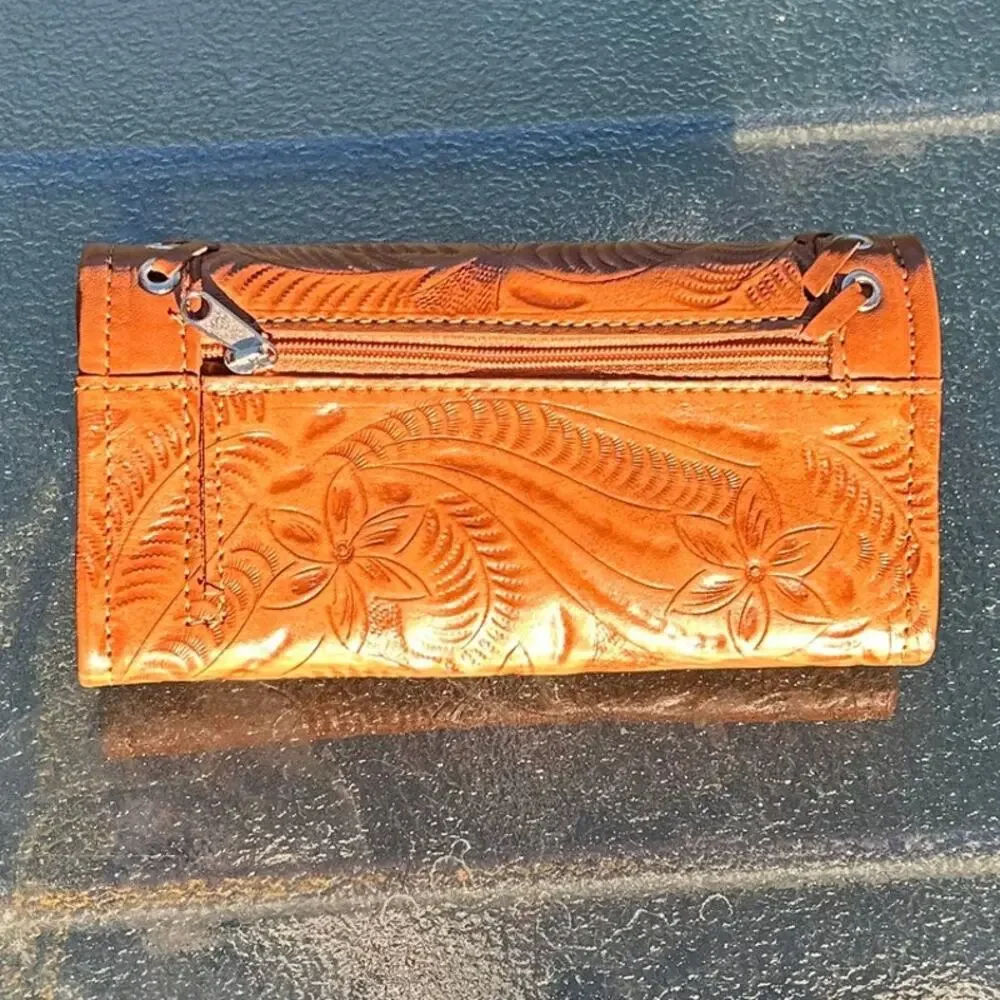 American West Handcrafted Leather Tooled Floral Concho Trifold Wallet Tan